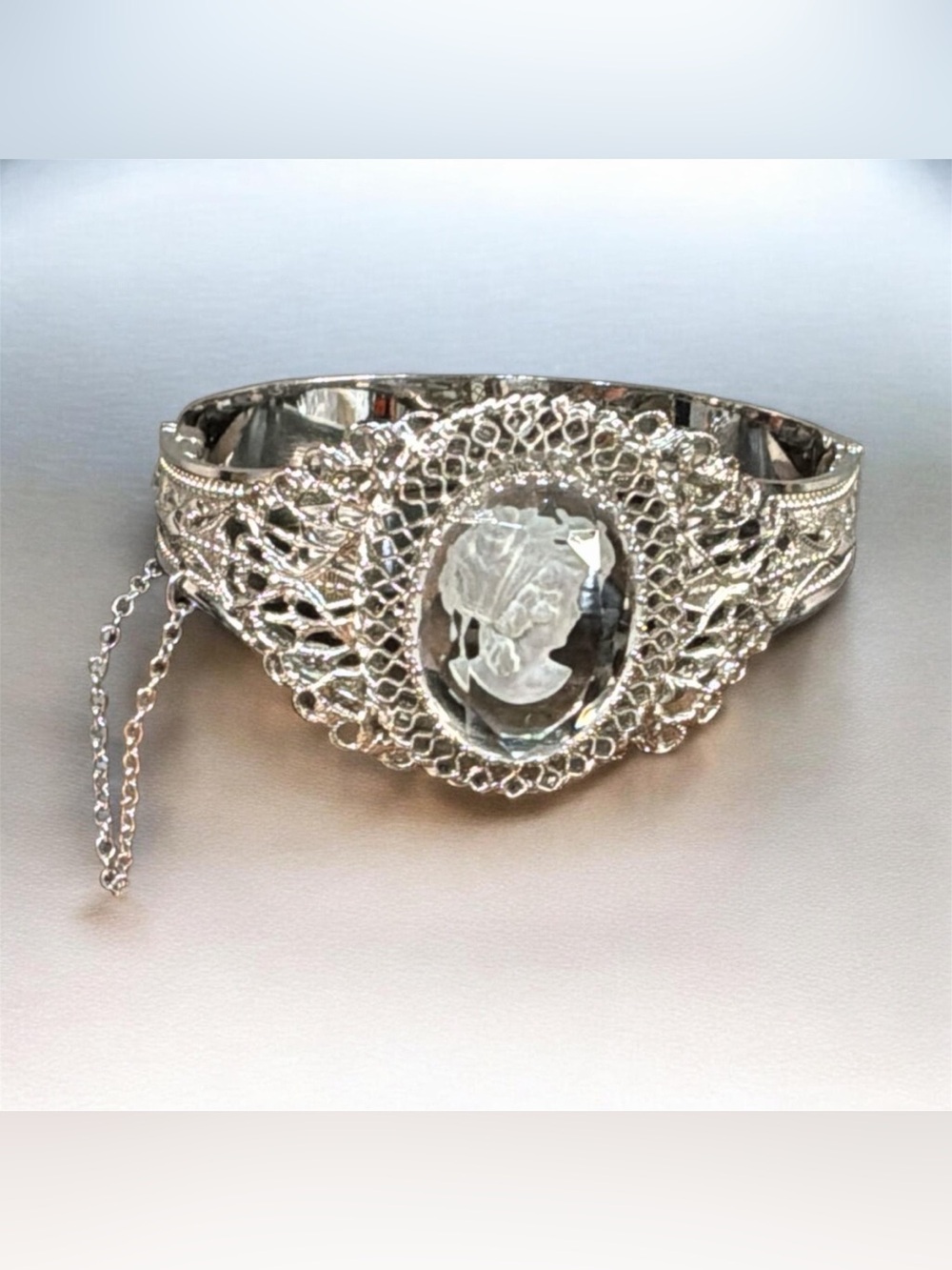 Whiting & Davis Mesh Bags/Victorian Revival-Crystal Glass Intaglio Cameo Bangle